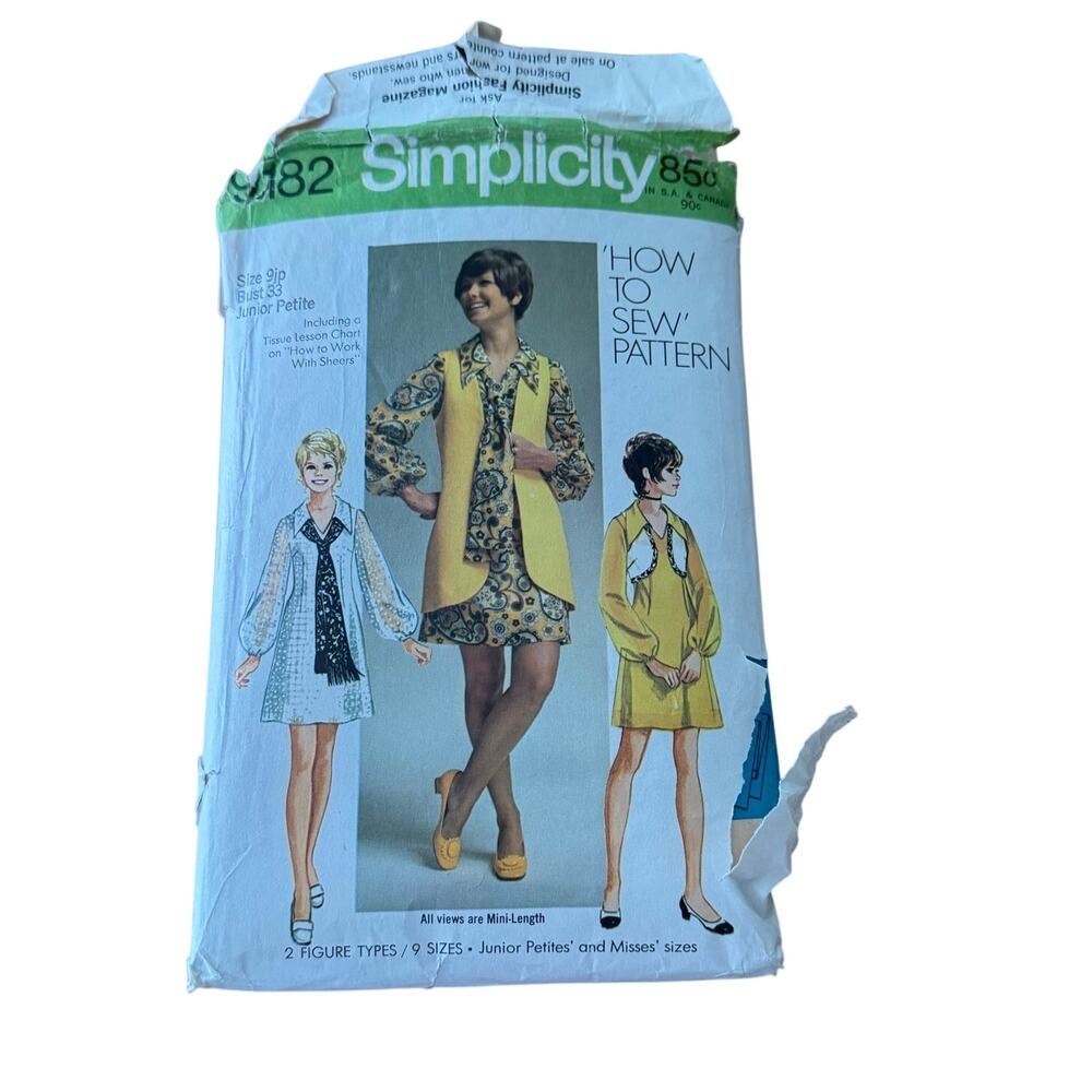 Vintage 1970 Simplicity Sewing Pattern 9182 Mini Dress Bolero Scarf Vest Bust 33